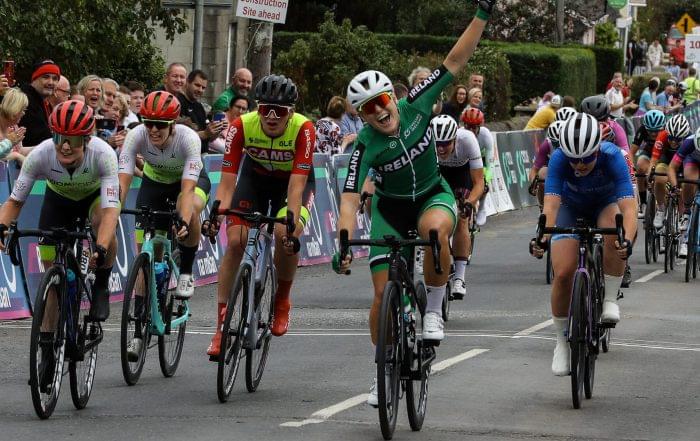 Team Ireland’s Lara Gillespie celebrates victory on stage four of Rás na mBan 2022. Photo: Lorraine O’Sullivan (rights free for editorial use).