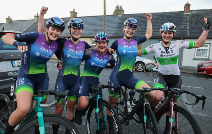 Ras na mBan 4/9/2024 Stage 1 Kilkenny - Callan Ireland’s Mia Griffin celebrates winning the stage into Callan with her teammates (riding for Team DAS-Hutchinson-Brother UK)