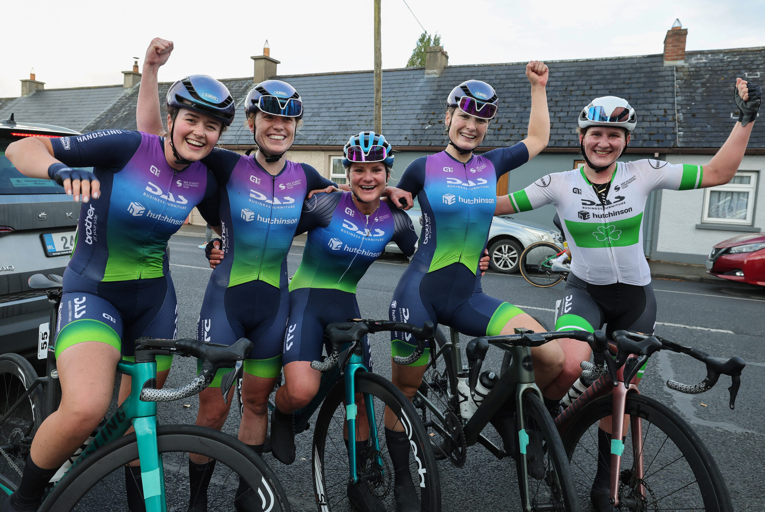 Ras na mBan 4/9/2024 Stage 1 Kilkenny - Callan Ireland’s Mia Griffin celebrates winning the stage into Callan with her teammates (riding for Team DAS-Hutchinson-Brother UK)