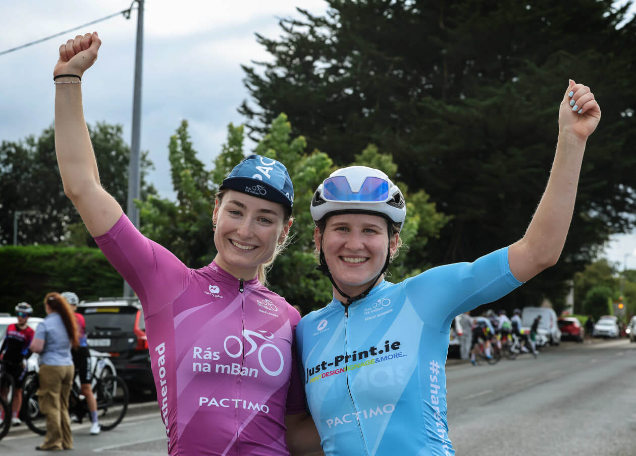 Teammates and rivals Ireland’s Mia Griffin in the race leader's jersey with Caoimhe O’Brien who won today’s stage by beating Mia in a photo finish.