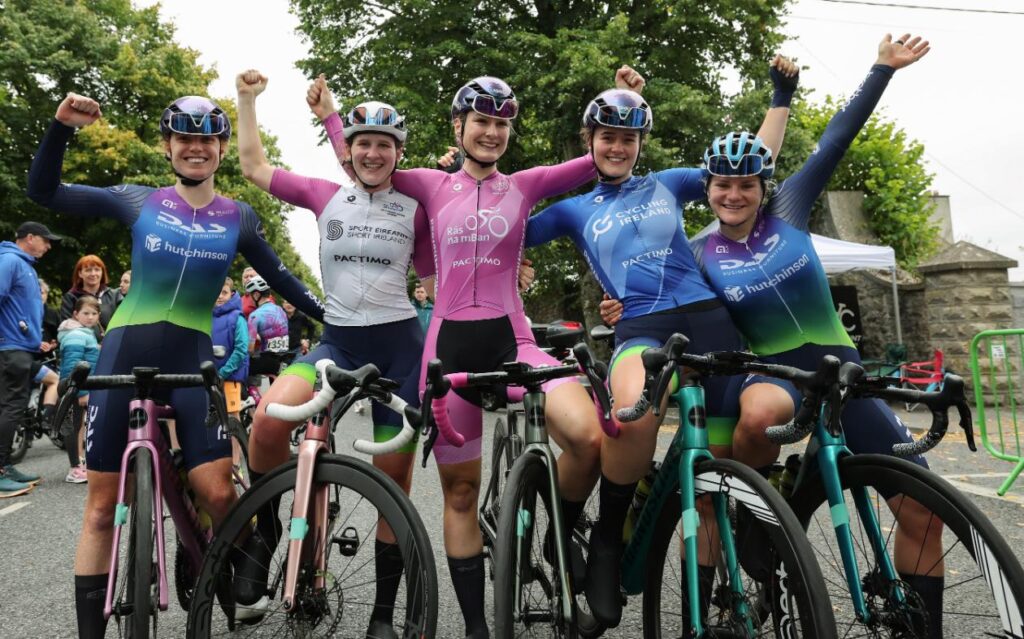 Mia Griffin celebrates with her DAS-Hutchinson teammates after winning Best International Team at Rás na mBan 2024