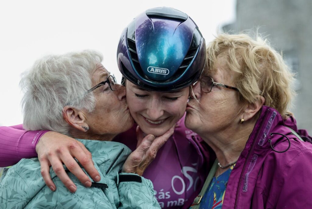 Mia Griffin congratulated by her grandparents after winning Rás na mBan 2024